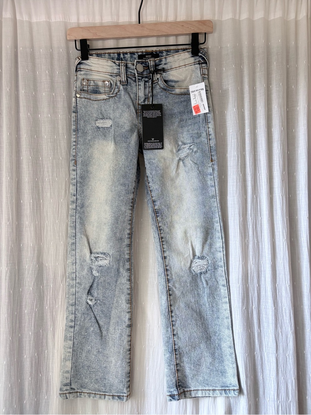 True Religion Ricky Light Blue Distressed Straight Leg Jeans Unisex fit